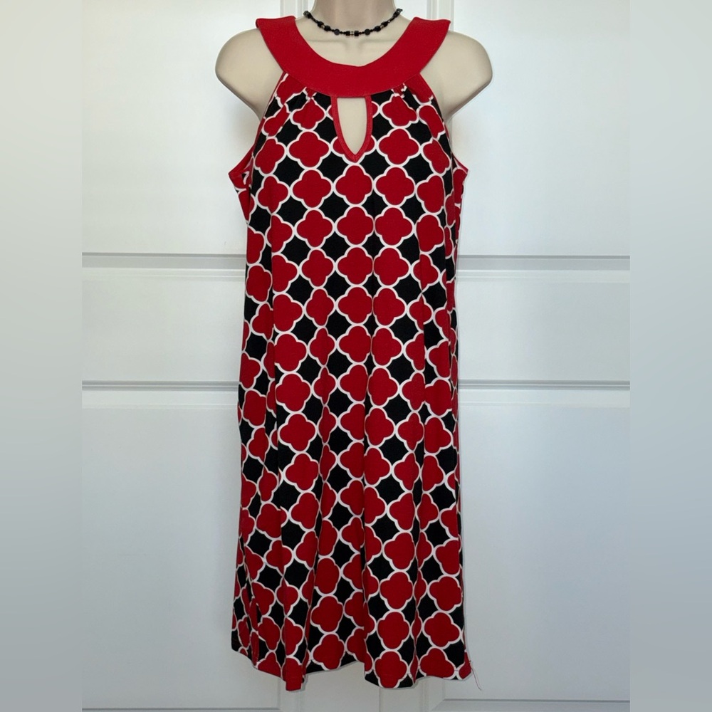 Tracy Negoshian XL Red and Black Geometric Midi Dress NWT